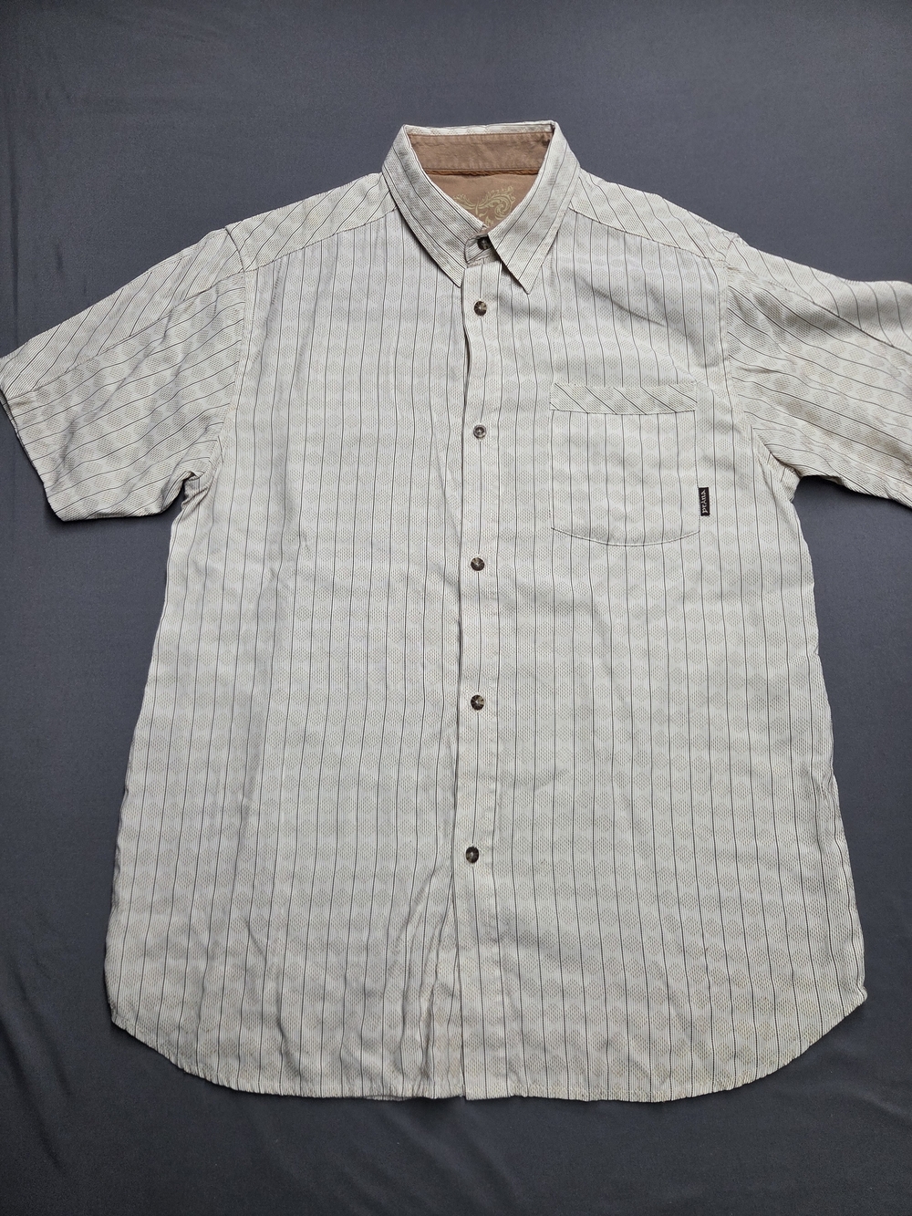 prAna Breathe Cream Striped Short Sleeve Modal Shirt Men's Size Large L Boho